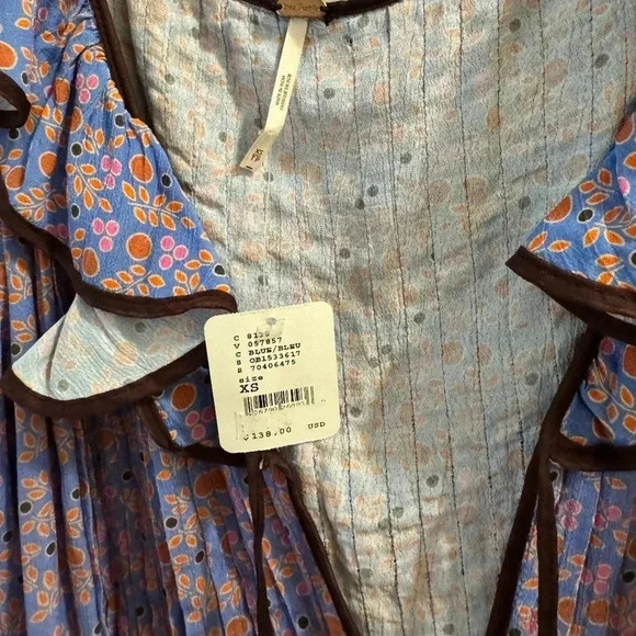 Free People Blossom Baby Mini Dress Floral Printed Ruffle Button Bell sleeve XS - Picture 7 of 9